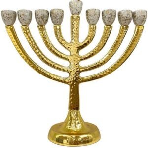 חנוכיה מאלומיניום מרוקע 48044עם קנים זהב נצנץ 26 סמ